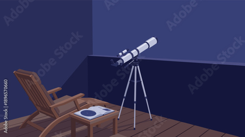 Telescope on a tripod next to a chair on a balcony at night.