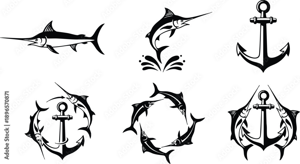 Obraz premium Black and white vector art of swordfish jumping splashing and circular swimming around anchor designs nautical marine ocean theme with fishing and maritime symbols in minimalist style