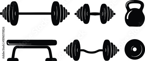 Silhouette fitness equipment collection including heavy barbell dumbbell kettlebell weight bench and weightlifting plate icons in simple black vector design