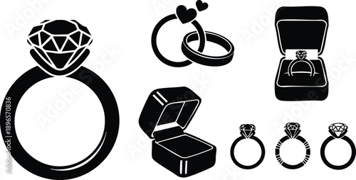 Black and white vector art set of diamond engagement rings with open and closed ring boxes and heart icons in minimalist flat design style isolated on white background