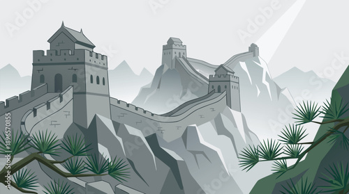 The Great Wall of China stretching across misty mountains.
