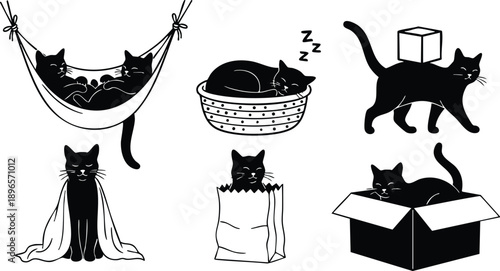 Minimalist vector art multiple black cats lounging in hammock basket box and bag various sleeping poses flat silhouette playful composition closeup sideview cute monochrome cozy home