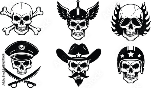 Black and white vector art of six skulls with different headgear including crossbones helmet wings sunglasses cap cowboy hat and star helmet in detailed monochrome style