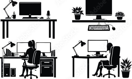 Silhouette vector office scenes showing woman and desktop workspace from side and back view with desk lamp potted plants ergonomic chair monitors keyboard mouse microphone books