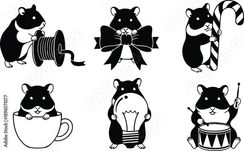 Cute vector hamsters in six poses holding ribbon spool bow candy cane cup lightbulb and drum front facing playful holiday themed black and white silhouette collection