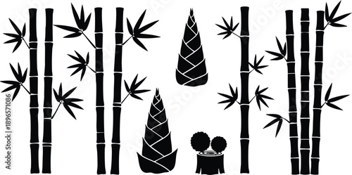Black silhouette bamboo stalks with leaves and bamboo shoots isolated on white background simple flat design tropical plant vector art illustration for nature concept