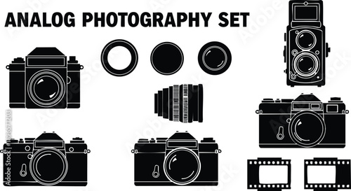 Flat design collection of vintage analog cameras lenses and film strips top view black silhouettes with open flash on classic photographic equipment set