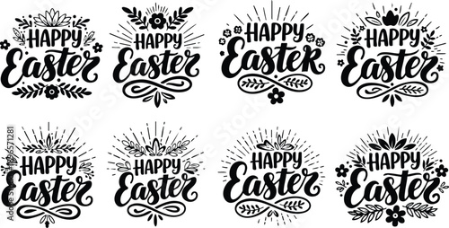Collection of black and white hand drawn happy easter text designs with floral decoration and ornamental elements in vintage style set