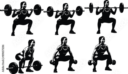 Silhouette vector art of muscular woman performing weighted barbell and dumbbell squats from front and side views in fitness training
