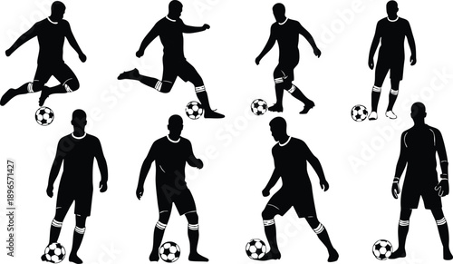 Silhouette vector art of soccer players in various kicking and standing poses with ball at feet showing action movements and different angles in black and white design