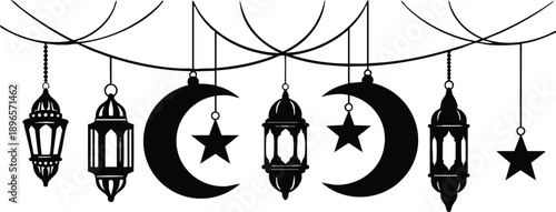 Black silhouette lanterns crescent moons and stars hanging decoration vector art on white background traditional islamic style festive celebration eid ramadan design elements