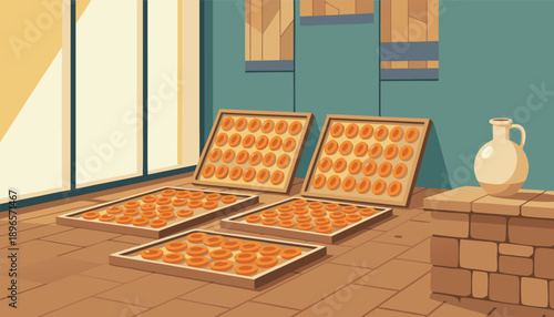 Traditional sun-drying process of food in a rustic setting.