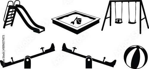 Black silhouette playground equipment icons featuring slide ladder sandbox and bucket swings seesaw and striped ball flat design set isolated on white background
