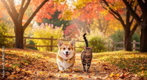 Adorable corgi and cat playing in autumn leaves together