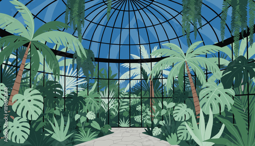 Tropical Greenhouse Interior with Lush Greenery and Palm Trees.