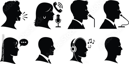 Black silhouette vector art of diverse male and female heads speaking listening wearing headset microphone and headphones isolated on white background communication concept