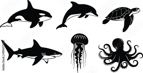 Vector silhouette composition showing orca dolphin sea turtle great white shark jellyfish and octopus swimming in black and white on landscape layout with isolated minimal style