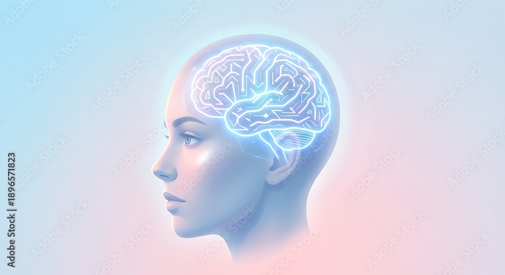 Obraz premium Human head with glowing brain on pastel background.