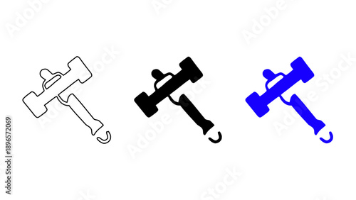 Legal gavel icon with judge hammer for justice and law in outline, solid black, and blue styles.