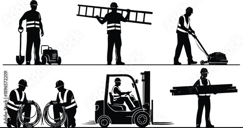 Black silhouette construction workers performing various tasks lifting ladder carrying wood operating forklift handling cables and shoveling equipment in vector art style