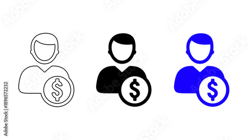 Business investor icon with person and dollar coin symbol in outline, solid black, and blue styles.