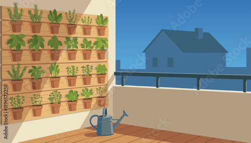 Vertical garden on a balcony with various potted plants and a watering can.