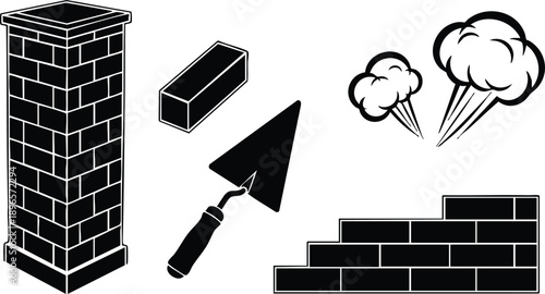Black and white vector art showing brick column brick laying trowel brick wall with smoke puffs and construction tools isolated on white background simple cartoon style