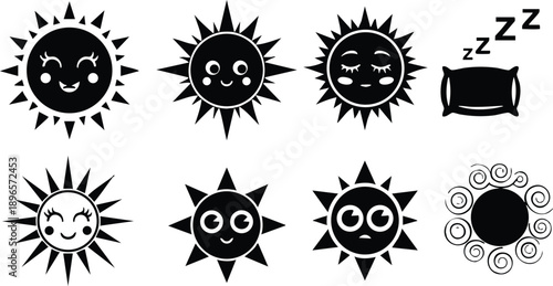 Set of seven cute sun faces with smiling sleepy expression icons and one pillow symbol with zzz sign in simple black vector style illustration design