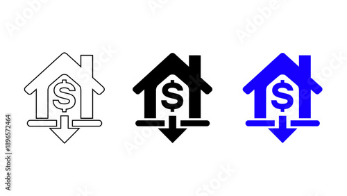 Real estate market crash icon with house dollar symbol and down arrow in outline, solid, and blue styles.