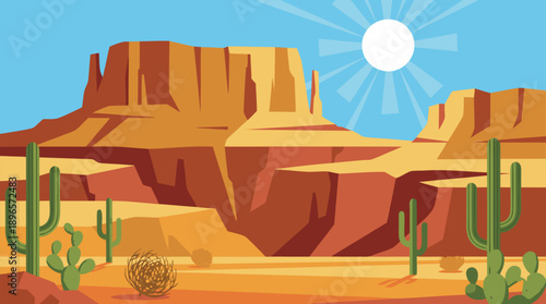 Vibrant Desert Landscape with Cacti and Sun.
