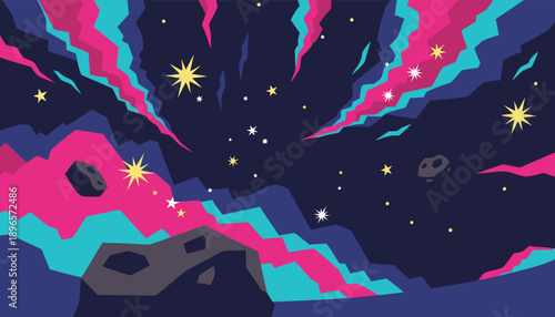 Vibrant Cosmic Night Sky with Aurora and Asteroids.