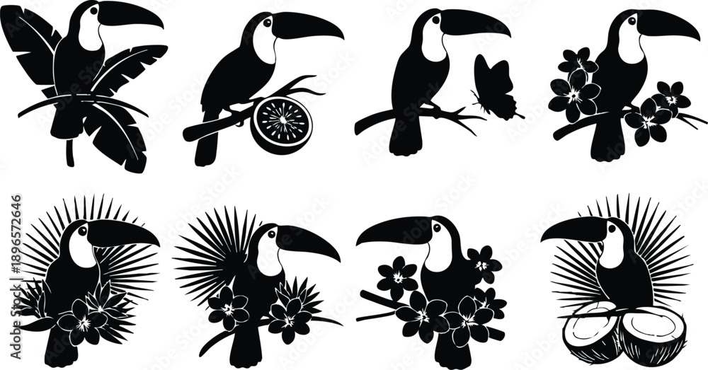 Fototapeta premium Vector art close up toucan perched on branch with tropical flowers palm leaves and coconut slice silhouette set in bold black graphic style flat tropical icons
