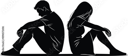 Silhouette of a man and woman sitting back to back in distress