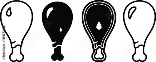 Minimalist black and white vector art close up chicken drumstick icon set showing four stylized leg pieces outline and solid variations in horizontal layout flat icons
