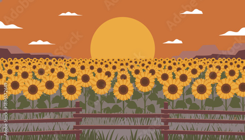 Vibrant Sunflower Field at Sunset with Golden Hues and Serene Landscape.