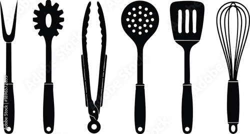 Black silhouette kitchen utensil set including fork pasta tongs slotted spoon spatula and whisk isolated on white background vector art icon collection
