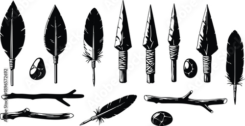 Black and white detailed vector art of various prehistoric stone tools and feather arrows with wooden shafts arranged neatly on white background for archeology and history study
