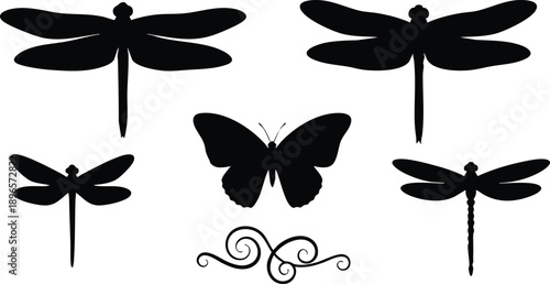 Black silhouette dragonflies and butterfly with decorative swirl element vector isolated on white background simple elegant insect shapes for design