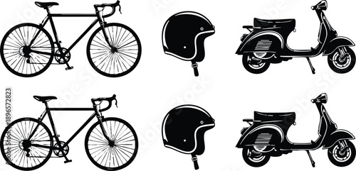 Black and white vintage style side view bicycles and classic scooters with retro helmets isolated on white background detailed vector art icons set