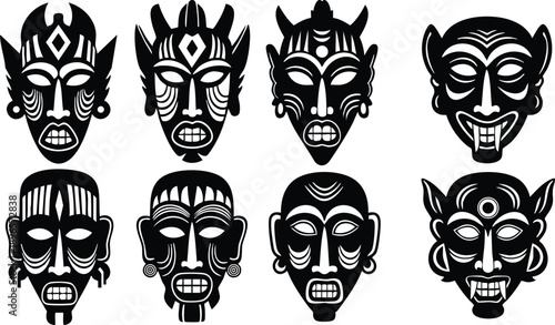 Black and white vector art of eight tribal masks with unique patterns and fierce expressions in symmetrical layout featuring sharp teeth and ornamental ear decorations in minimalist style