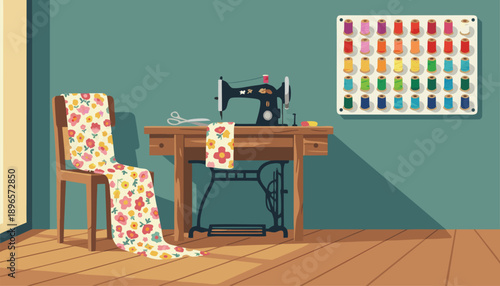 Vintage Sewing Machine and Colorful Threads in a Craft Room.