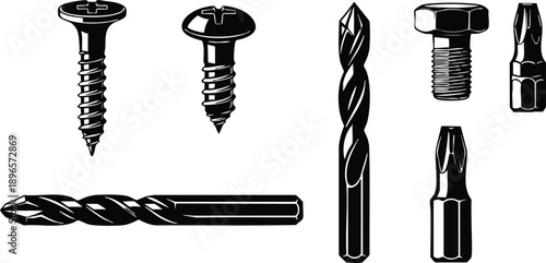 Detailed vector art of drill bits and screws set including flat head screw philips screwdriver head and hex bolt isolated on white background with clear silhouette view