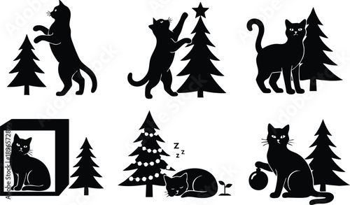 Black silhouette cats playing climbing sitting and holding christmas tree decorations near pine trees and sleeping cat with decorated fir tree in vector style