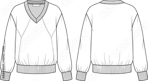 Long sleeve pullover sweater technical fashion flat sketch showing front and back views with v neckline rib raglan sleeves cuffs hem garment construction flat vector illustration