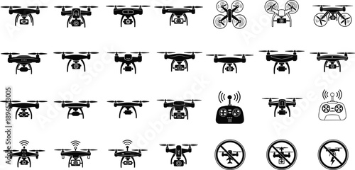 Drone icons, quadcopter silhouettes, remote controller, aerial technology, flying device, prohibition signs, drone safety, UAV graphics, aviation symbols, flat vector illustration