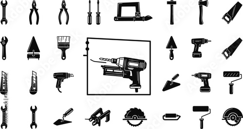 Hand tools silhouettes, power tools icons, hammer, wrench, pliers, drill, saw, staple gun, paintbrush, construction equipment, carpentry graphics, flat vector illustration