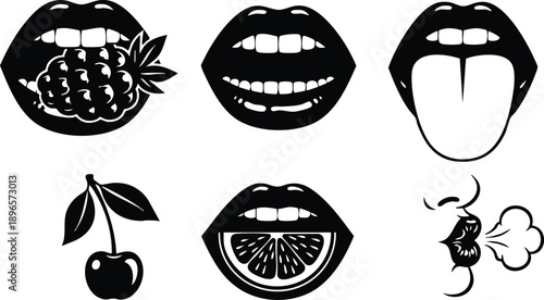 Black and white vector art of stylized lips chewing raspberry and cherry with tongue out and citrus slice in mouth showing breath gesture in minimal cartoon style