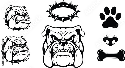 Bold vector art aggressive bulldog heads with spiked collar side views front view spiked collar separate paw print nose bone icons in black and white style