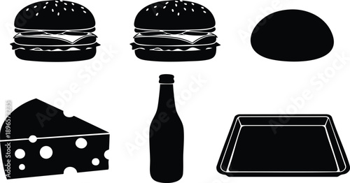 Black and white food icons set including cheeseburger with lettuce cheese bottle and serving tray silhouette minimalistic style vector art illustration isolated on white background