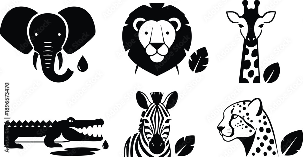 Fototapeta premium Minimalist black silhouette set of six african safari animals including elephant with droplet lion head glyph giraffe tall neck zebra face and spotted cheetah profile with leaves